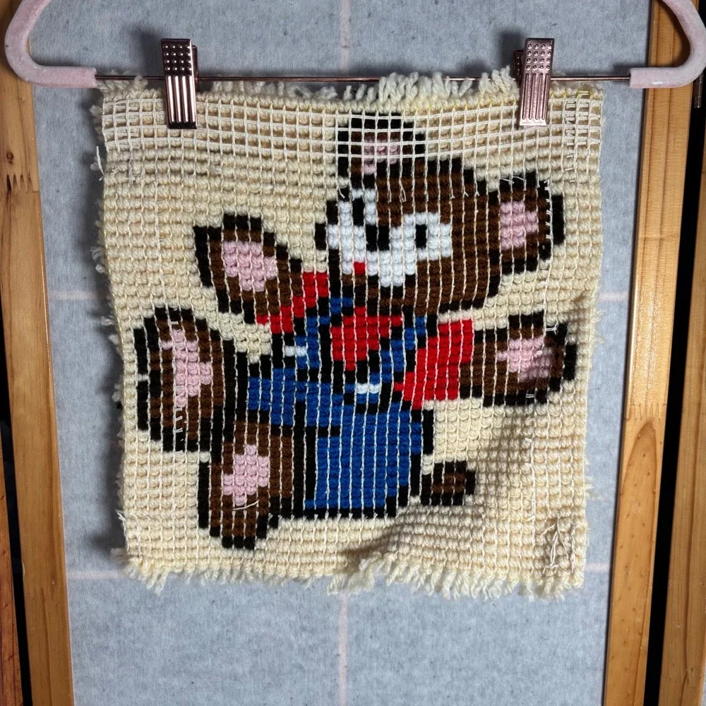 Vintage Teddy‎ Bear Latch Hook Wall Art Handmade Cream Blue Red Overalls Pillow